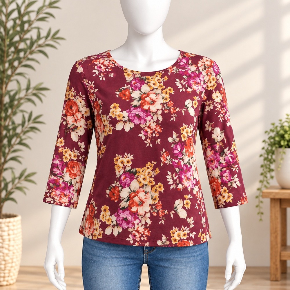 Try This Floral Boat Neck Top Womens Medium Burgundy 3/4 Sleeve Casual Blouse